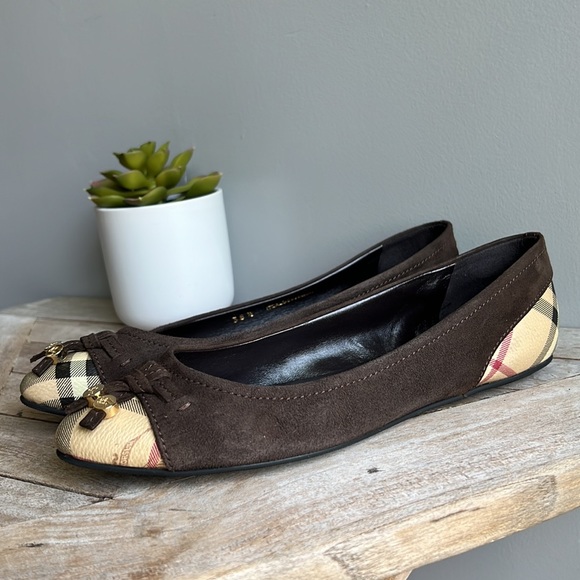 Burberry haymarket check cap toe Yates brown suede ballerina flats size 38.5 - Picture 9 of 11
